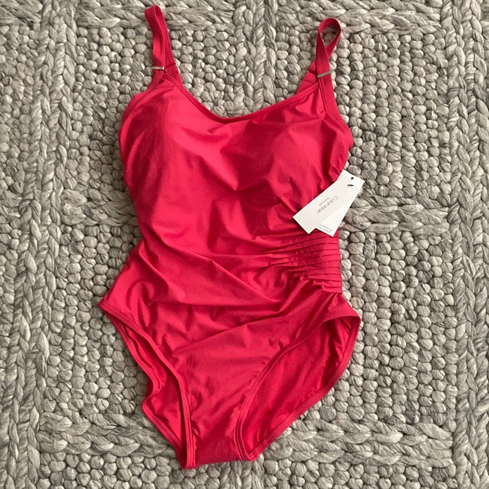 NWT Calvin Klein hot pink one piece with ruched side